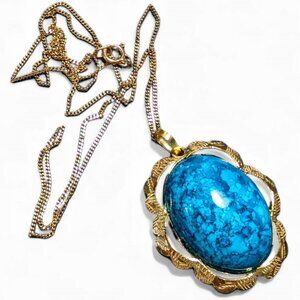 875 21K Gold Pendant w/ Blue Marbleized Cabochon Pendant & 10K 18" Chain